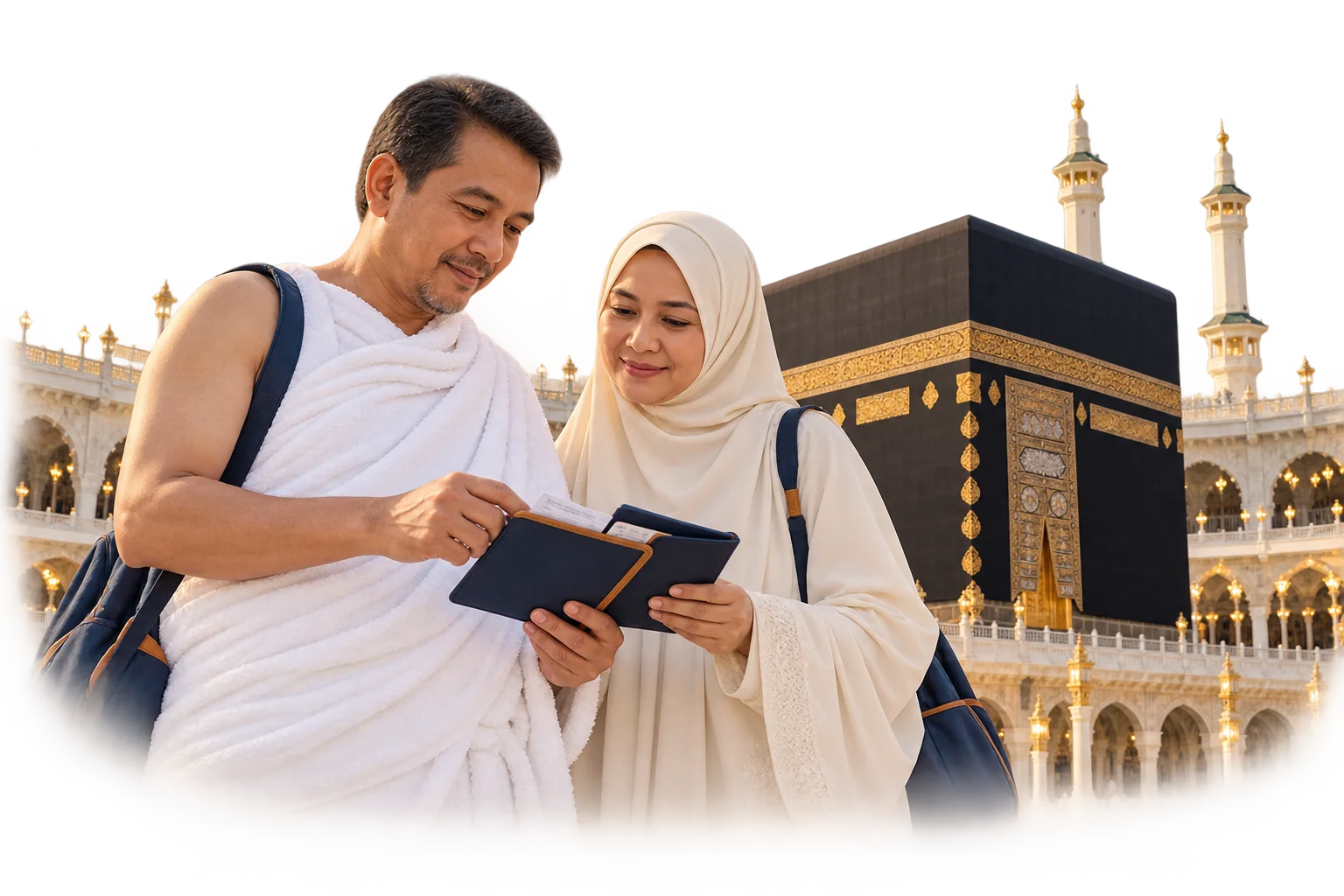Pasangan jamaah sedang meninjau dokumen perjalanan di dekat Ka'bah