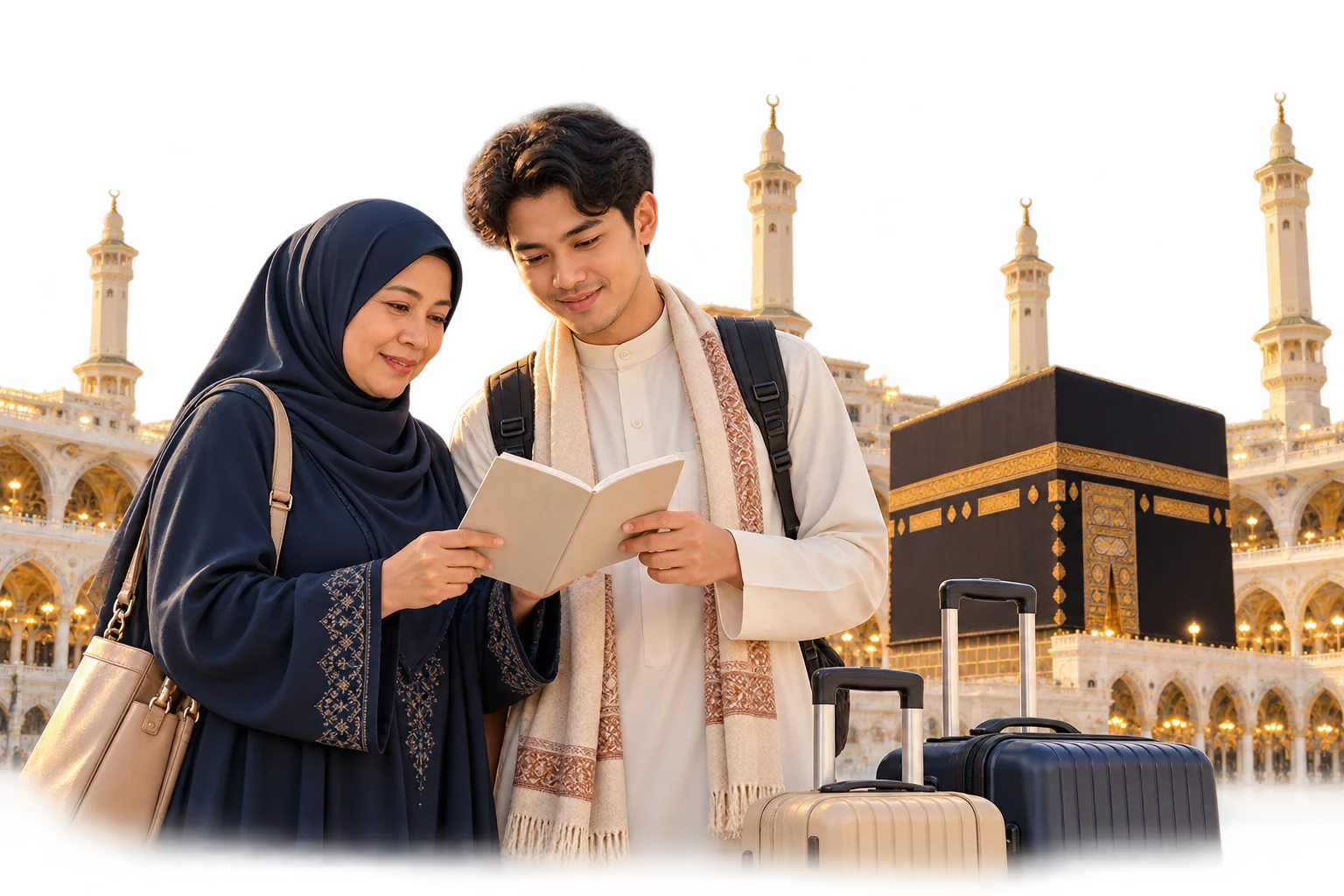Dua calon jamaah membaca panduan Umroh di dekat Ka'bah