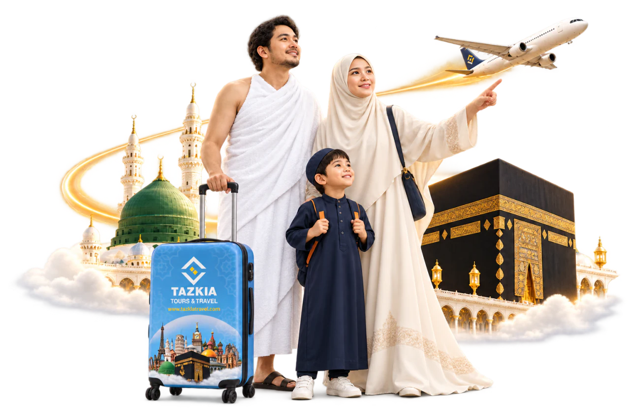 Ilustrasi keluarga calon jamaah Umroh dengan koper, Ka'bah, dan Masjid Nabawi