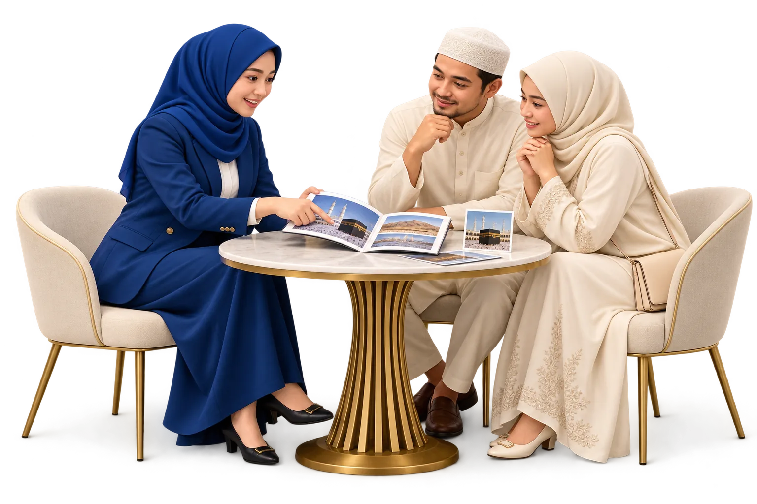 Ilustrasi pasangan calon jamaah berdiskusi tentang perjalanan Umroh bersama pendamping Tazkia